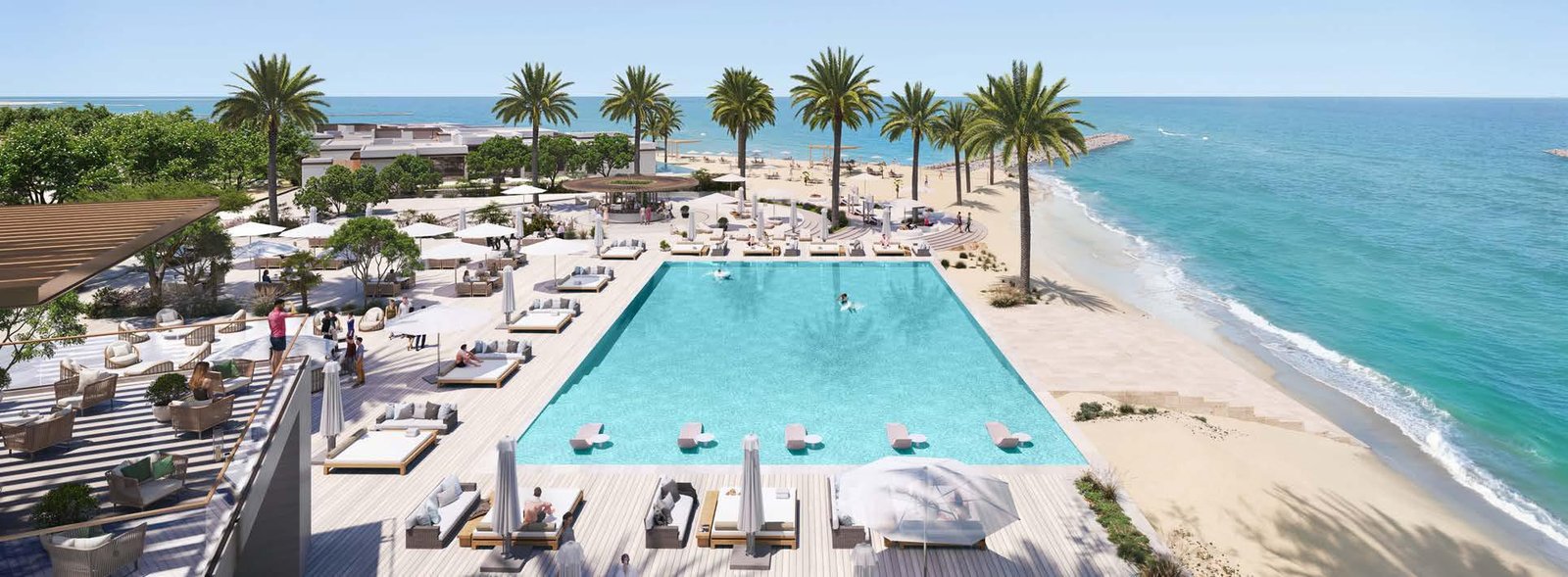 Aerial view of Ghantoot master community showcasing lagoons, beachfront living, marina, landscaped parks, and luxury residences